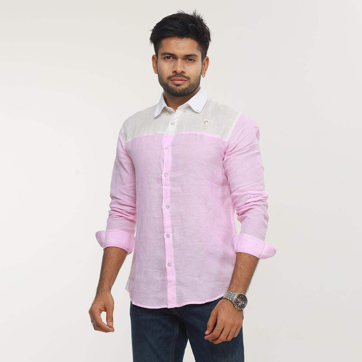 Summer Collection Premium Quality  White Pink Color Full Sleeves Casual China Rawan Fabric Shirt For Men